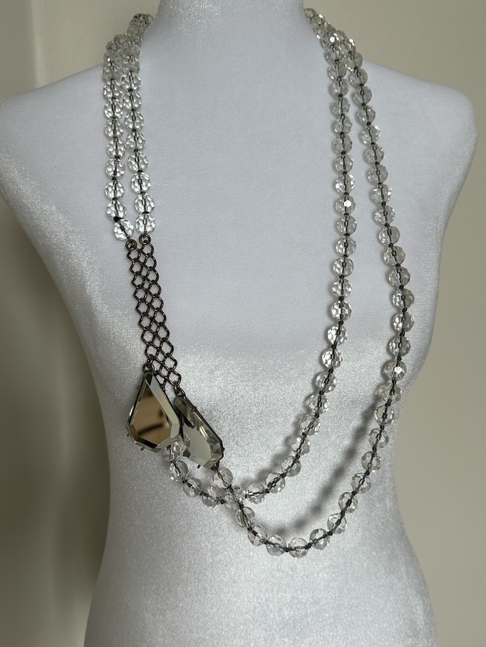 Gerard Yosca Heavy Clear Crystal Bead Long Necklace with Faceted Pendants
